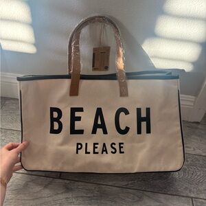 BEACH PLEASE Canvas Tote Bag with Tan Handles